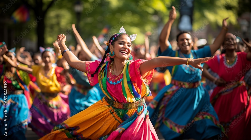 People from around the world participating in a vibrant, cultural dance performance.