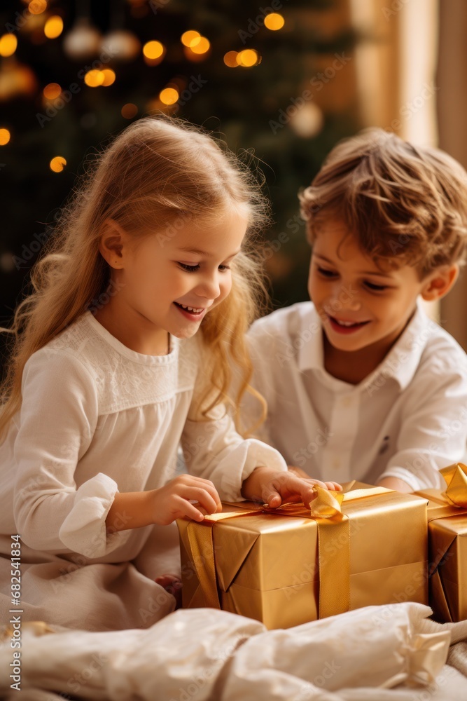 Portrait of happy 2 kids, boy and girl unwrapping christmas gifts on christmas eve. Santa presents and details of holiday Portrait of happy 2 kids, boy and girl unwrapping christmas gifts on christmas eve. Santa presents and details of holiday