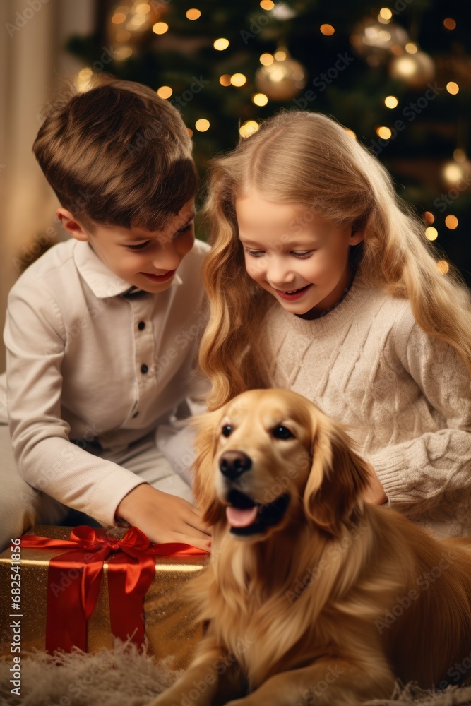 Portrait of happy 2 kids, boy and girl unwrapping christmas gifts on christmas eve. Santa presents and details of holiday Portrait of happy 2 kids, boy and girl unwrapping christmas gifts on christmas eve. Santa presents and details of holiday