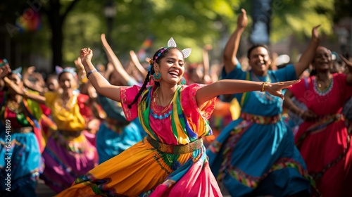 People from around the world participating in a vibrant  cultural dance performance.