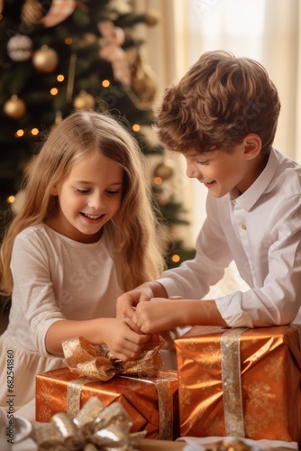 Portrait of happy 2 kids, boy and girl unwrapping christmas gifts on christmas eve. Santa presents and details of holiday
