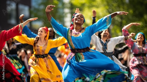 People from around the world participating in a vibrant  cultural dance performance.
