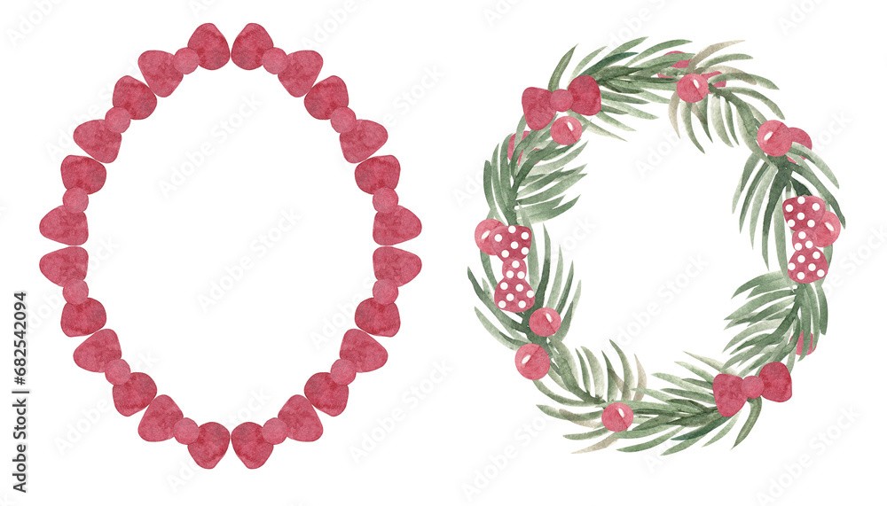 Set of Christmas frames. Separate illustrations in gouache: a wreath of bows and a spruce wreath with decor