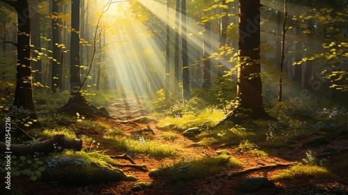 Rays of sunlight breaking through the foliage, illuminating the forest floor.