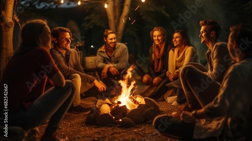 Showcase a group of friends of different genders and orientations having a heartfelt conversation around a campfire.