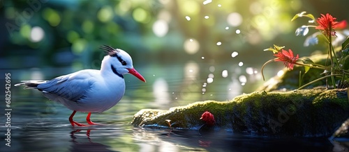 In the summer, amidst the tranquility of nature, a picturesque park in City, a black and white bird with a vibrant red beak runs by the blue lake, its feathers glistening in the sunlight, creating a photo
