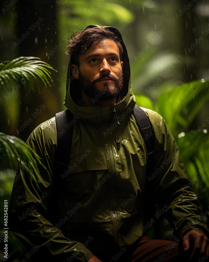 Lush rainforest portrait, explorer in a bright waterproof jacket, rich greenery, droplets on leaves Lush rainforest portrait, explorer in a bright waterproof jacket, rich greenery, droplets on leaves