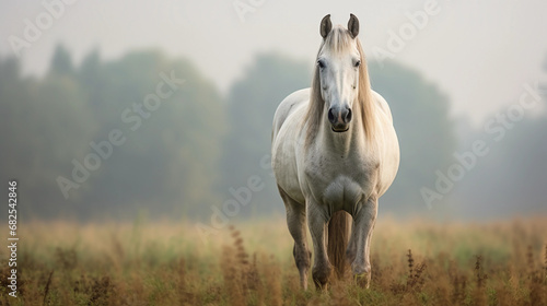Majestic grey Arabian horse portrait  early morning fog  serene pasture