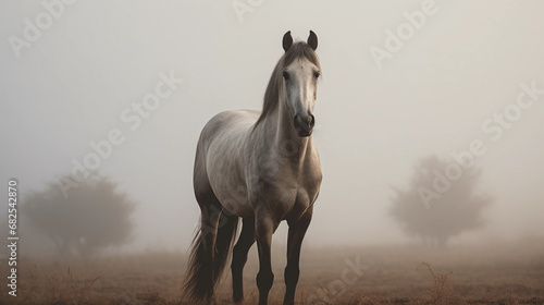 Majestic grey Arabian horse portrait, early morning fog, serene pasture