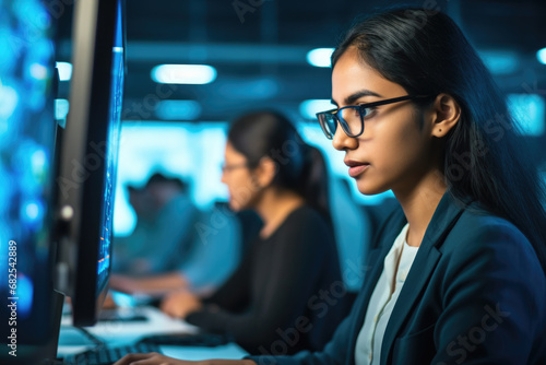 Woman wearing glasses is using computer. This image can be used to illustrate technology, work, or productivity