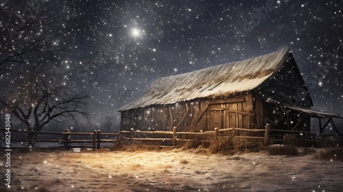 Snowflakes gently falling against the backdrop of a rustic barn in the countryside.
