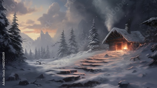 Snowy footprints leading to a cozy log cabin with smoke rising from its chimney.