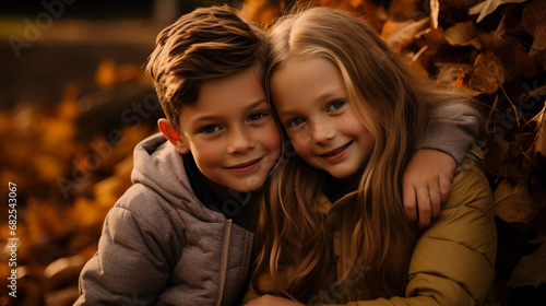 Sibling portrait in autumn, warm tones, hugging, playful and cozy, surrounded by fallen leaves © Marco Attano