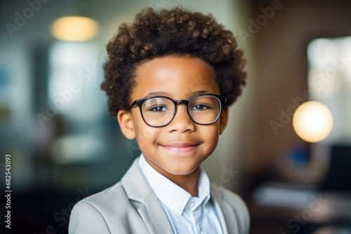 Young boy is dressed in suit and wearing glasses. This image can be used for educational or formal occasions photo