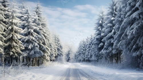 Snowy pine trees lining a peaceful country road leading into the distance. © Mustafa_Art