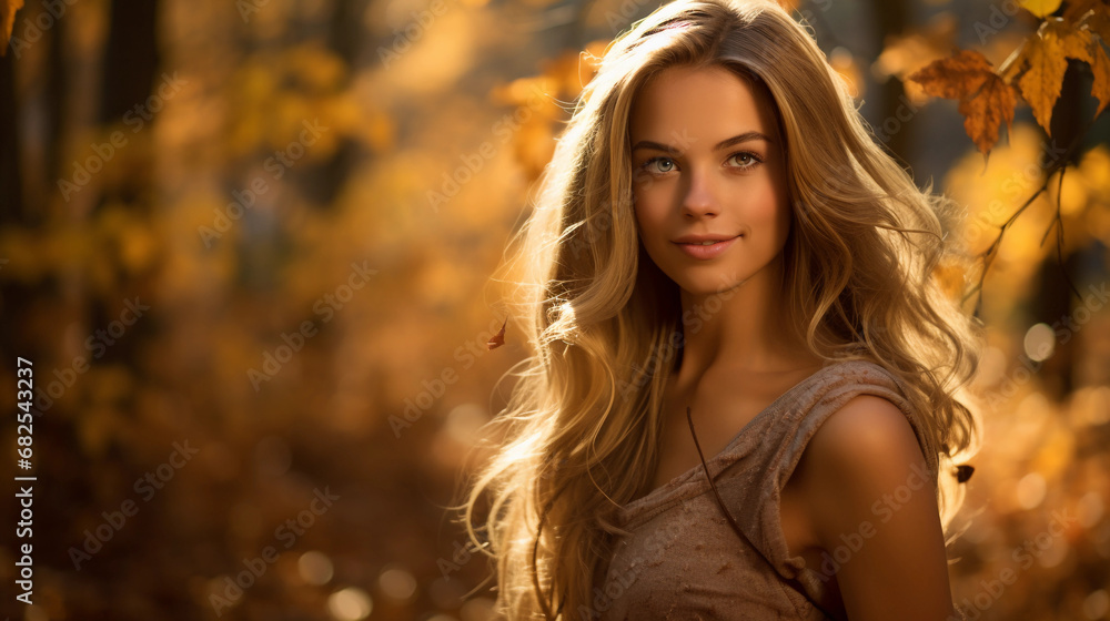 Vibrant autumn forest portrait, subject surrounded by fall foliage, warm golden sunlight filtering through the trees Vibrant autumn forest portrait, subject surrounded by fall foliage, warm golden sunlight filtering through the trees