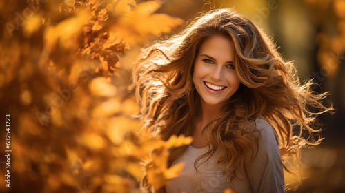 Vibrant autumn forest portrait, subject surrounded by fall foliage, warm golden sunlight filtering through the trees