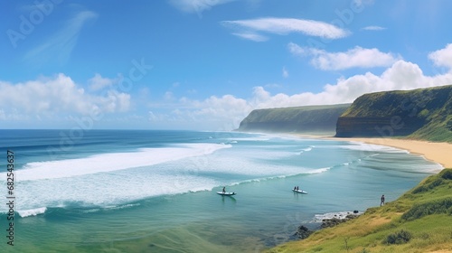 Surfers catching a wave on a remote, pristine beach with lush green hills in the background.