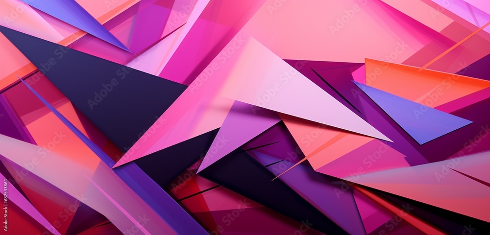 Triangle forms and diagonal stripes are scattered on an abstract purple and pink background. Triangle forms and diagonal stripes are scattered on an abstract purple and pink background.
