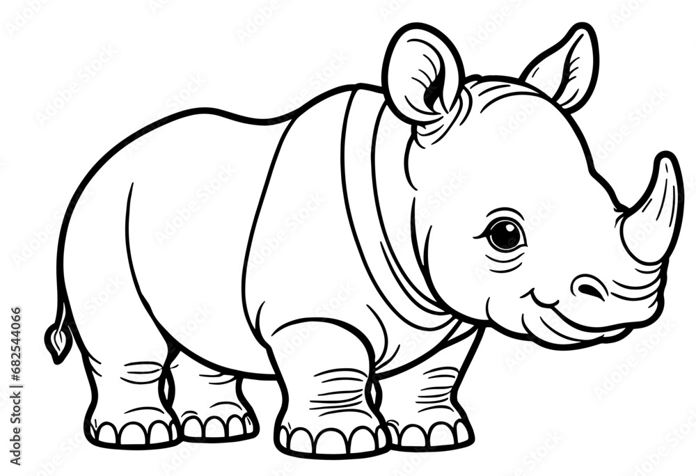 Big Rhino with a horn, zoo safari themed, coloring book page, coloring book, outline, SVG vector art, isolated on a white background