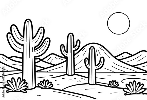 Desert scene with cacti cactus and hills with the sun, desert landscape theme, coloring book page, coloring book, outline, SVG vector art, isolated on a white background