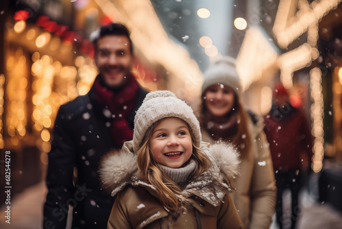 candid portrait of cheerful family on the snowy shopping street during winter holidays