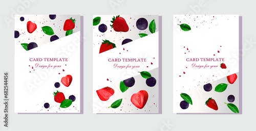 Invitation, card, congratulation. Blueberries and strawberries on a white background. Gradient, vector. Green plant leaves, text. Food, dessert. Menu. Template for happy birthday cards, greeting cards