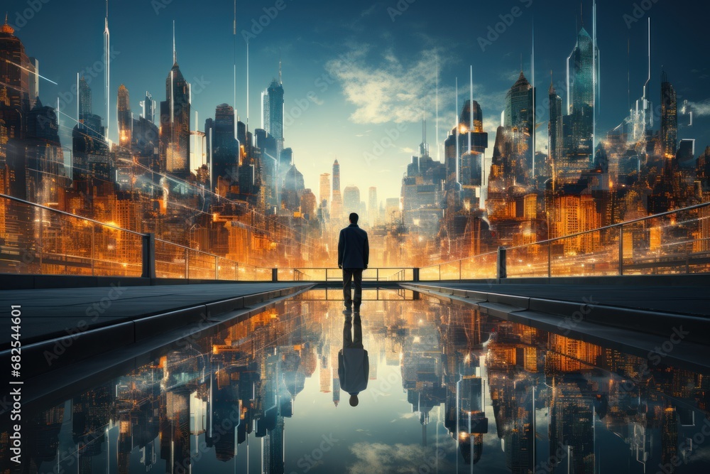 Fototapeta premium a man in a suit is standing outside a building