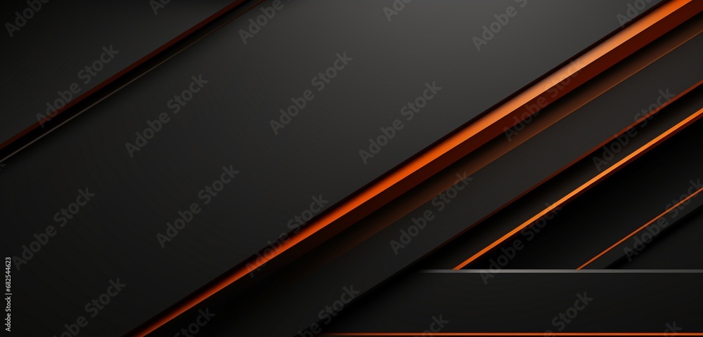 Wide horizontal banner in black with orange and gray lines. Abstract horizontal dark modern athletic geometric background. A vector-based image.