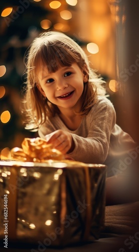 Close up Portrait of little child with christmas gifts on christmas eve. Santa presents and details of joy. holiday spirit © aboutmomentsimages