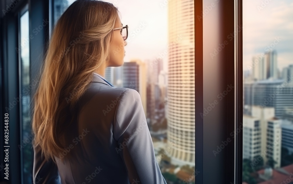 Successful confident businesswoman is standing by the full-wall window and looking out the window, behind the window below is a big business city Successful confident businesswoman is standing by the full-wall window and looking out the window, behind the window below is a big business city