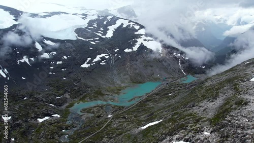 Aerial view above the glaciers melting into the permafrost of Jostedalsbreen National Park photo