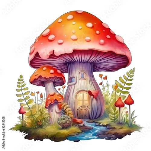 Fantasy mushroom illustration, with flowers and bright rainbow colors, isolated. Transparent background