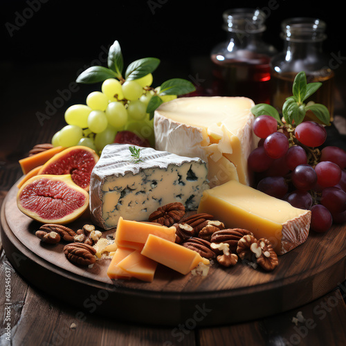  A gourmet cheese platter against a rustic wooden 

