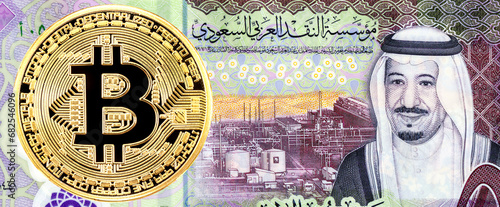 Bitcoin and Saudi riyal with Saudi Arabia King Salman Bin Abdulaziz Al Saud portrait photo