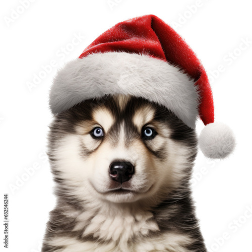 a Malamute pup with a Santa Claus hat on in an isolated and transparent PNG in a Christmas-themed, photorealistic illustration. Generative ai
