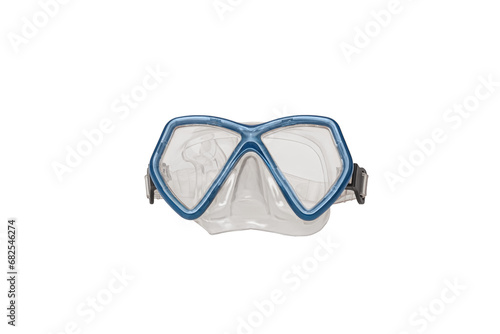 A pair of blue diving goggles, snorkeling mask front view with transparent background