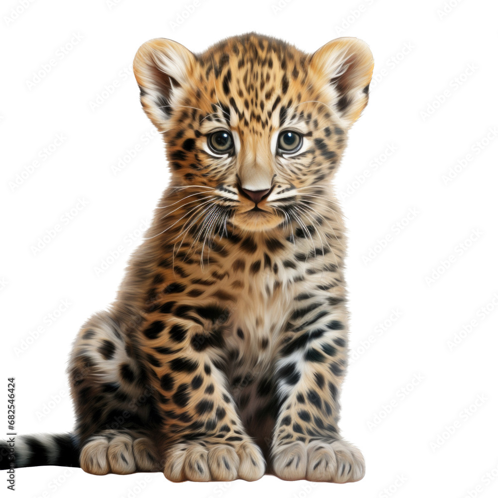 a baby, young Leopard cub front view in an isolated and transparent PNG in a Wildlife-themed, photorealistic illustration. Generative ai a baby, young Leopard cub front view in an isolated and transparent PNG in a Wildlife-themed, photorealistic illustration. Generative ai