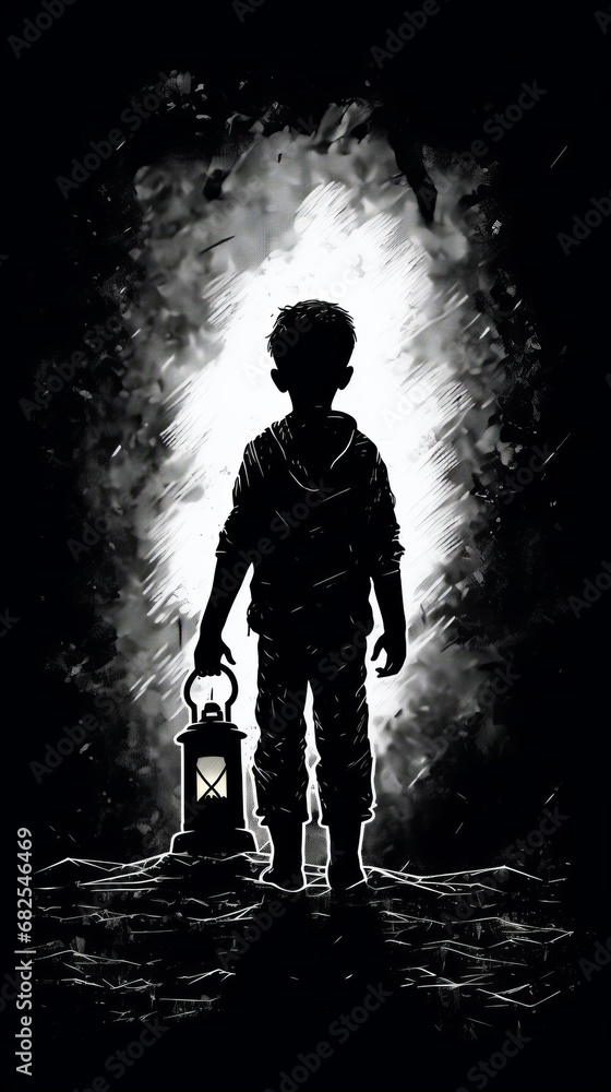 A black silhouette of a kid holding a lantern
