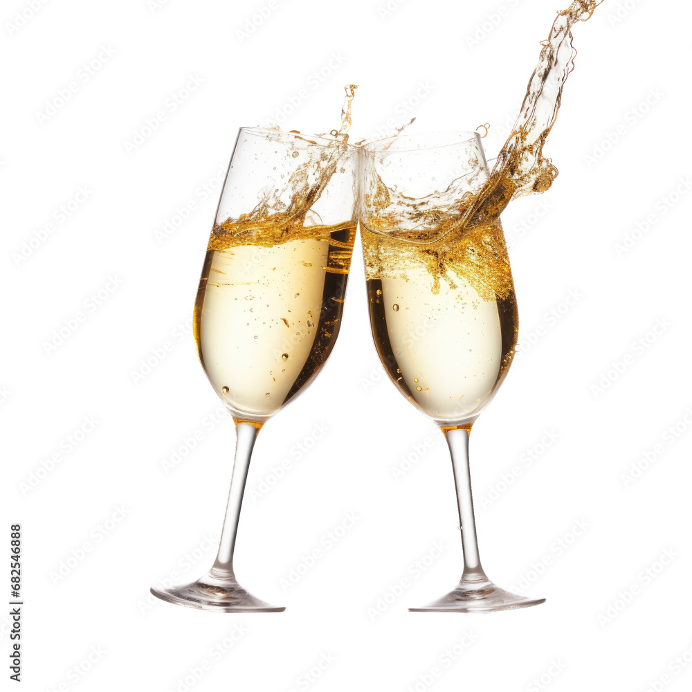 Champagne glasses toasting with Champagne splashing in an isolated and transparent PNG Celebration-themed, photorealistic illustration. Generative ai - obrazy, fototapety, plakaty 