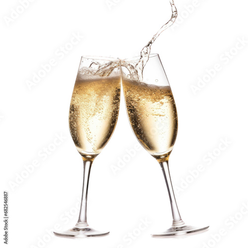 Champagne glasses toasting with Champagne splashing in an isolated and transparent PNG Celebration-themed, photorealistic illustration. Generative ai photo