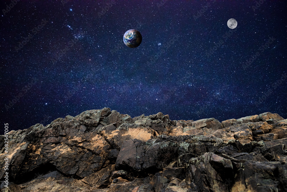 rock in space over earth and moon - obrazy, fototapety, plakaty 
