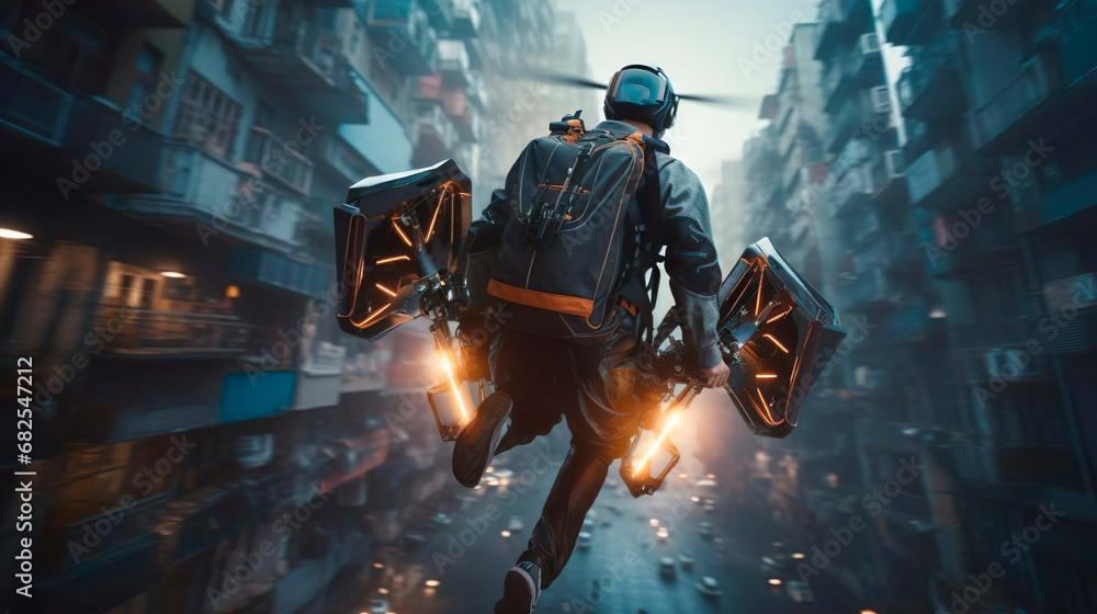 Future military and civilian sci fi technology and transportation with flying jet pack. A movement of a person in space and time. A man flies with drone engine. Innovation invention concept. Future military and civilian sci fi technology and transportation with flying jet pack. A movement of a person in space and time. A man flies with drone engine. Innovation invention concept.