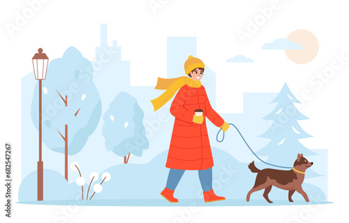Young woman in warm clothes walking with dog in winter city. Girl with cute dog on leash in cold weather. Pet and owner together. Vector flat illustration.