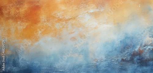 Plaster background surface rendered artistically with blue and orange abstract painting.