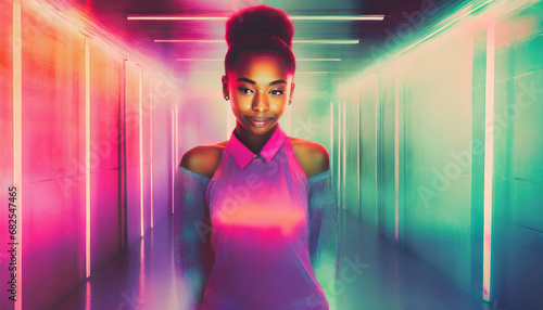 A young black woman in vibrant pink attire poses in a industrial y2k inspired iridescent club corridor. photo