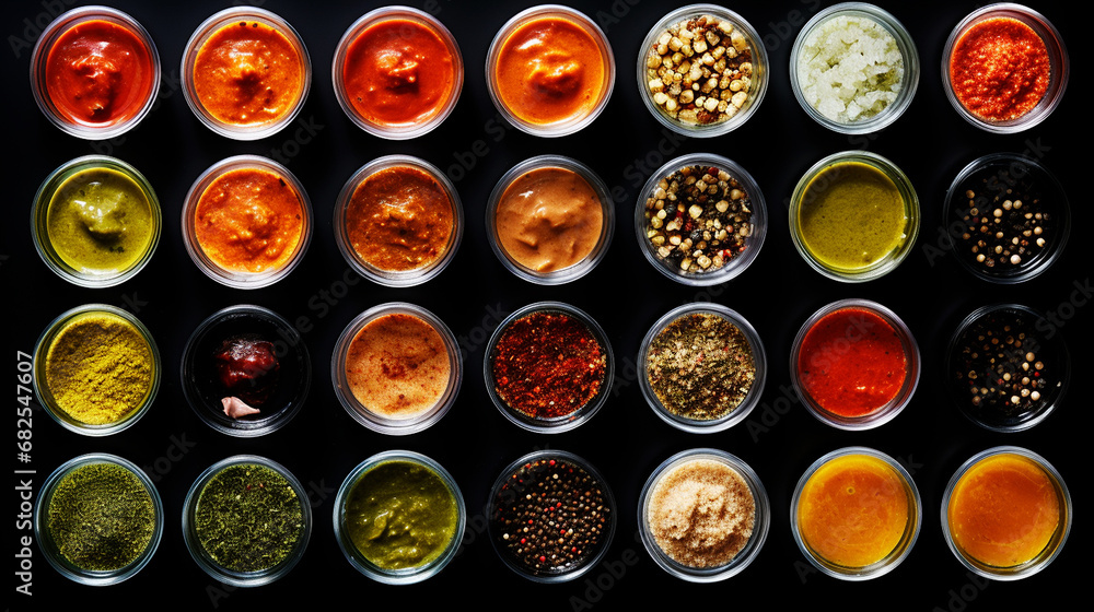 Various condiments in cups food background. Spice textured. Various condiments in cups food background. Spice textured.