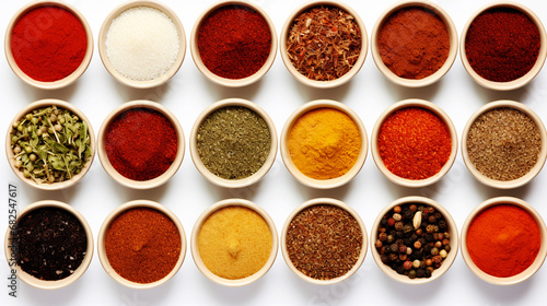 Various condiments in cups food background. Spice textured.