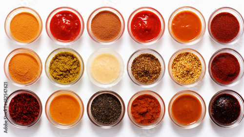 Various condiments in cups food background. Spice textured.