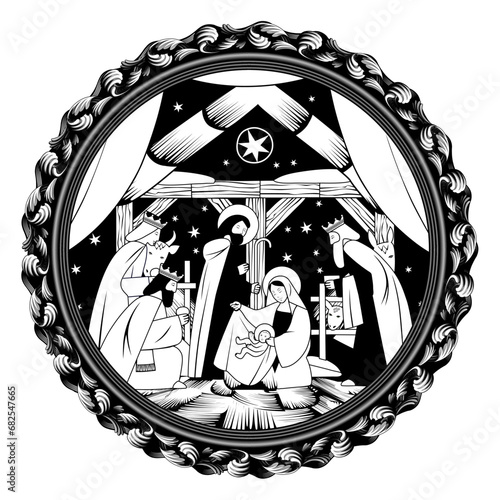 Scene of the Nativity of Christ and Adoration of the Magi in round decorative frame in black and white engraving style. Vector illustration